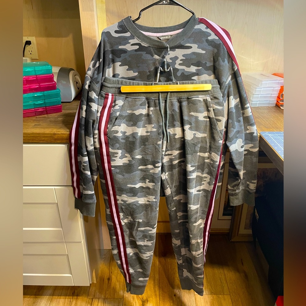 Women’s gray camo sweatshirt and sweatpants